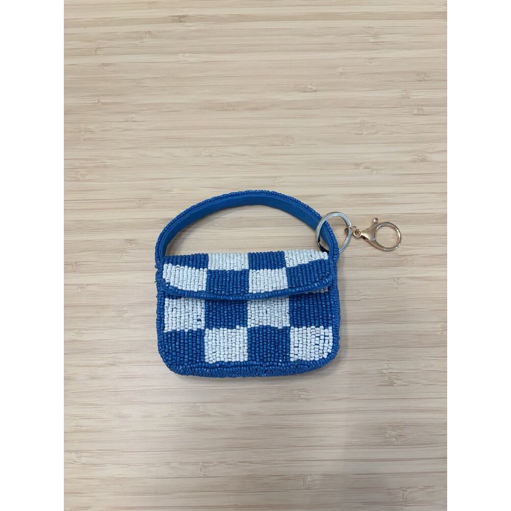Anthropologie Fiona Beaded Bag Charm Blue White Checkered NEW